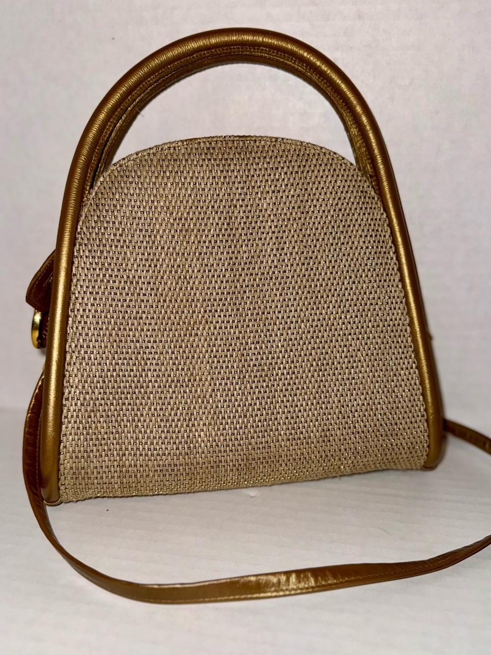 Stuart Weitzman Beige Woven Mini Crossbody with Brown Trim